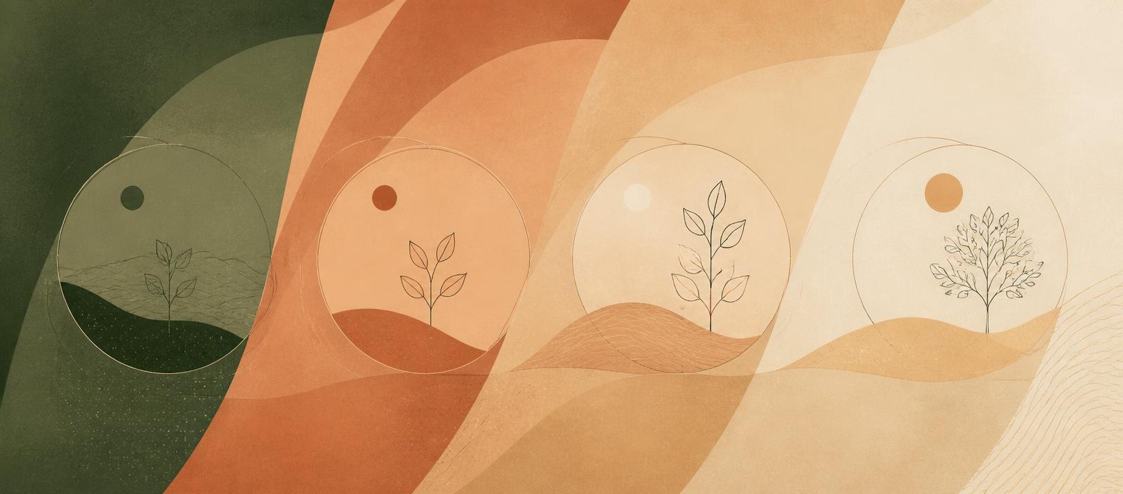 Four abstract panels progressing from a dark seedling to a full tree, illustrating capacity deepening across the four protocol stages.